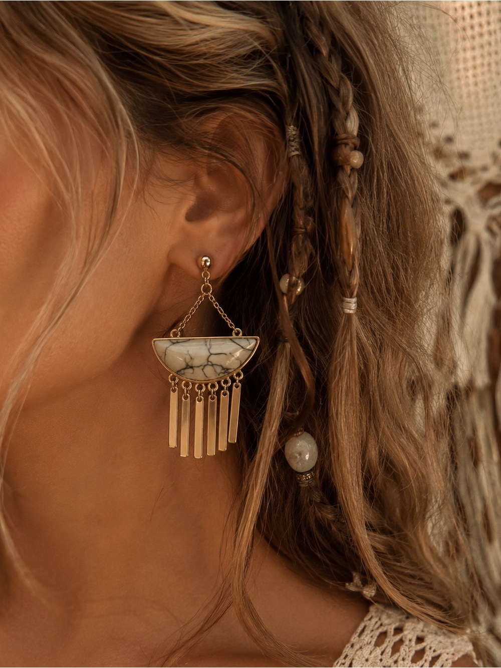 Topshop Earrings Half Moon Semi Precious Boho Dangle Drop NWT